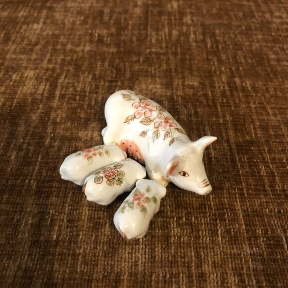 Vintage Ceramic Pig Family Figurine Set - Mother & 3 Piglets Floral Design - Picture 1 of 9